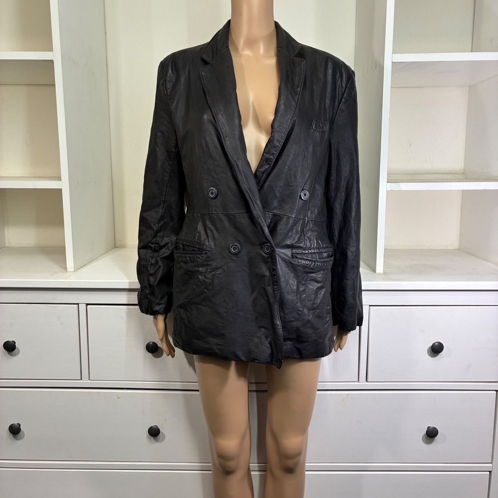 Wilsons Leather Vintage Black Double Breasted Blazer Jacket 44 Style 8289